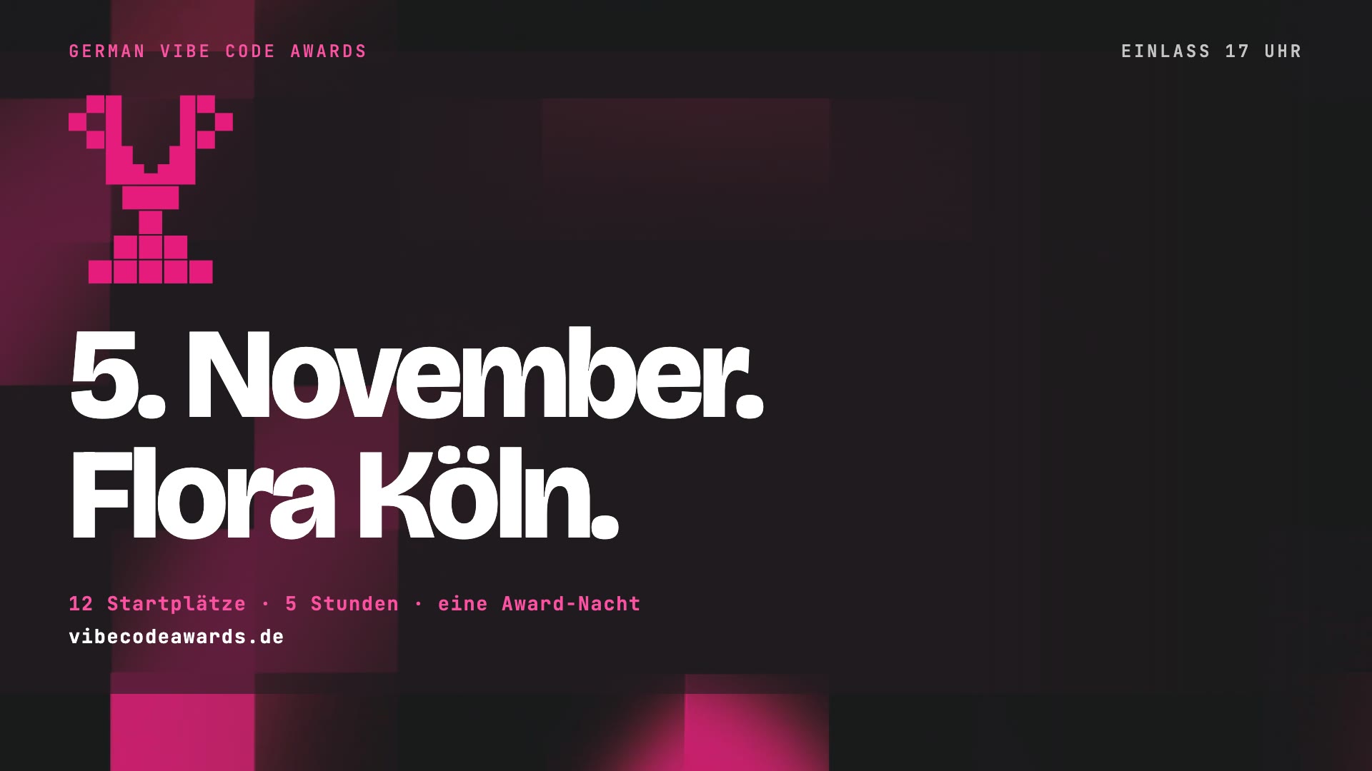Ankündigungskarte der German Vibe Code Awards 2026 mit Datum, Ort und Einlass