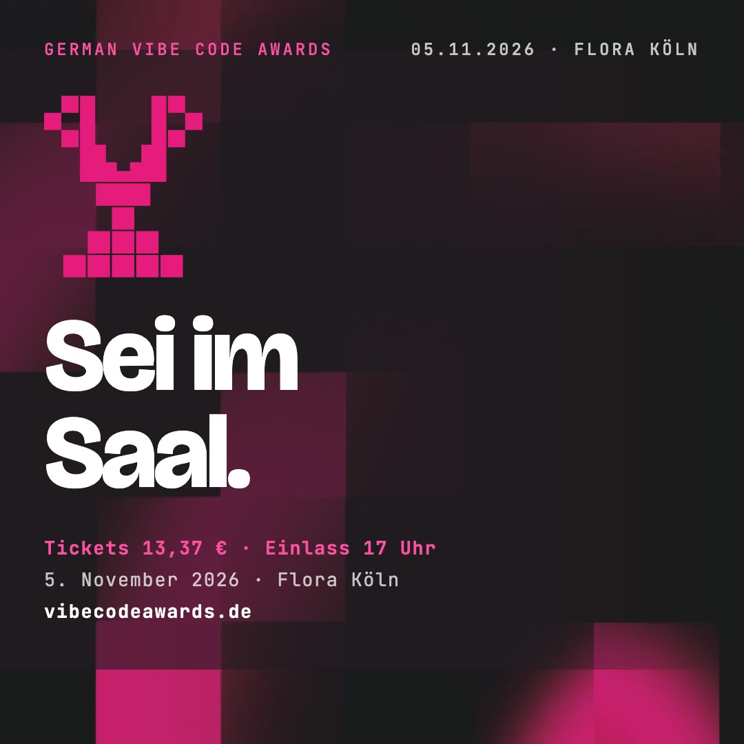 Ticketkarte der German Vibe Code Awards mit Preis und Einlass